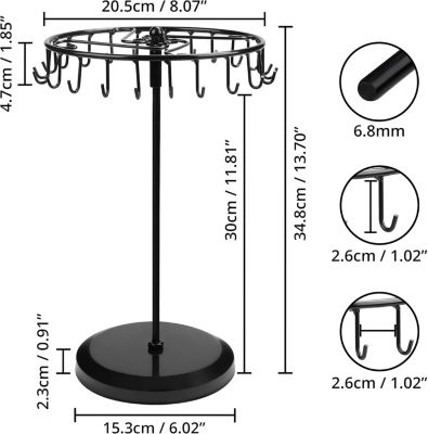 BASHLWUA Présentoir à bijoux pivotant en métal cuivré noir (23 crochets) - H 34,8 x l 20,5 cm - Présentoir à bijoux - Pour collier
