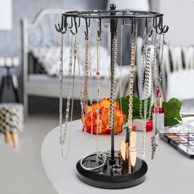BASHLWUA Présentoir à bijoux pivotant en métal cuivré noir (23 crochets) - H 34,8 x l 20,5 cm - Présentoir à bijoux - Pour collier