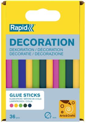 Bâtons de colle colorée Ø7mm x 94mm, lot de 36 x 5 couleurs