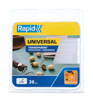 Bâtons de colle transparente universelle 7 mm. Paquet de 36 bâtons courts.