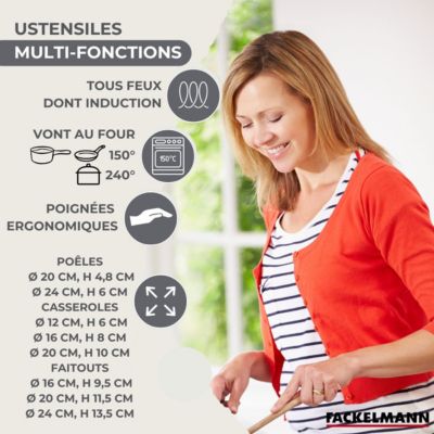 Batterie de 2 poêles 20/24 cm, 3 casseroles 12/16/20 cm, 3 faitouts 16/20/24 cm et 6 ustensiles Fackelmann Geneva