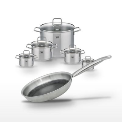 Batterie de cuisine 2 faitouts 12/14 cm 1 faitout 16 cm 2 faitouts 20/26 cm poêle 28 cm Elo Collection Relief Solution Citrin