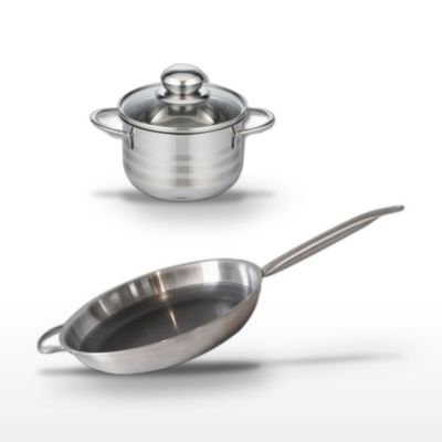 Batterie de cuisine avec 1 poêle 32 cm en acier et 1 faitout 16 cm en inox sans PFAS Elo Collection Relief Solution Brillant