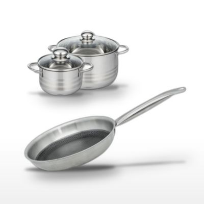 Batterie de cuisine avec 1 poêle de 24 cm et 2 faitouts de 16/20 cm en inox sans PFAS Elo Collection Relief Solution Brillant
