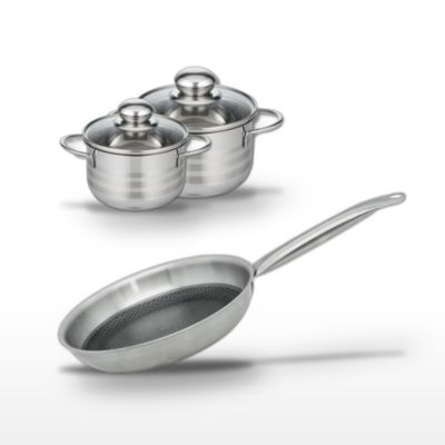 Batterie de cuisine avec 1 poêle de cuisson 24 cm et 2 faitouts 12/14 cm en inox sans PFAS Elo Collection Relief Solution Brillant