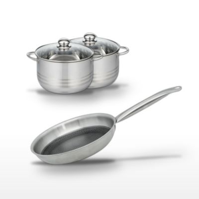 Batterie de cuisine avec 1 poêle de cuisson 28 cm et 2 faitouts 20/24 cm en inox sans PFAS Elo Collection Relief Solution Brillant