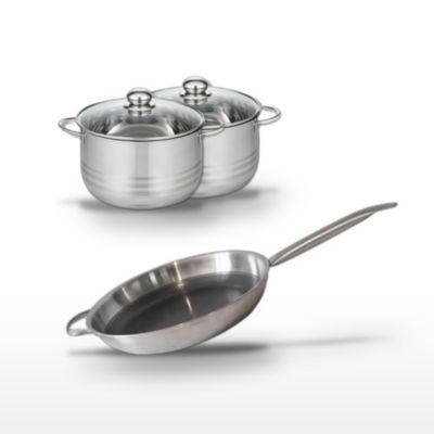 Batterie de cuisine avec 1 poêle de cuisson 32 cm et 2 faitouts 20/24 cm en inox sans PFAS Elo Collection Relief Solution Brillant