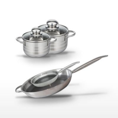 Batterie de cuisine avec 2 faitouts 16/14 cm et 2 poêles 24/32 cm en inox Elo Collection Relief Solution Brillant