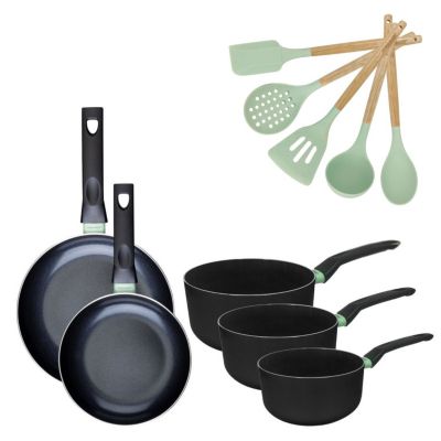 Batterie de cuisine avec 2 poêles 20/24 cm et 3 casseroles 16/18/20 cm et 5 ustensiles de cuisine Fackelmann Brandao Océan