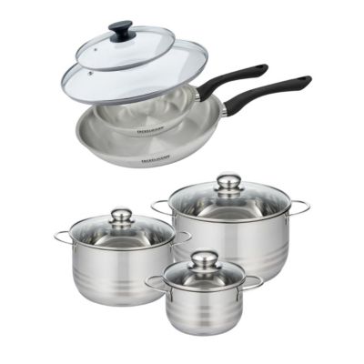 Batterie de cuisine avec 2 poêles 20/28 cm et 3 faitouts 16/20/24 cm sans PFAS Fackelmann Généva Brillant avec couvercles