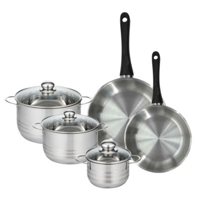 Batterie de cuisine avec 2 poêles 24/28 cm et 3 faitouts 16/20/24 cm en inox sans PFAS Fackelmann Généva Brillant
