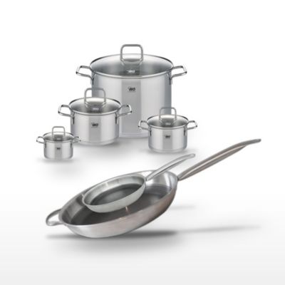 Batterie de cuisine avec 2 poêles 24/32 cm et 4 faitouts 12/16/20/26 cm en inox sans PFAS Elo Collection Relief Solution Citrin