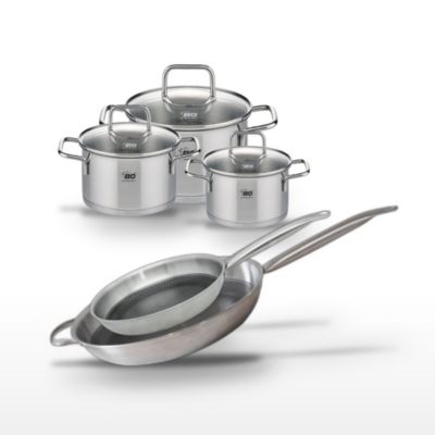 Batterie de cuisine avec 2 poêles 28/32 cm et 3 faitouts 14/16/20 cm en inox sans PFAS Elo Collection Relief Solution Citrin