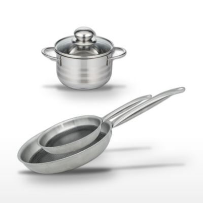 Batterie de cuisine avec 2 poêles de cuisson 24/28 cm et 1 faitout 12 cm en inox sans PFAS Elo Collection Relief Solution Brillant