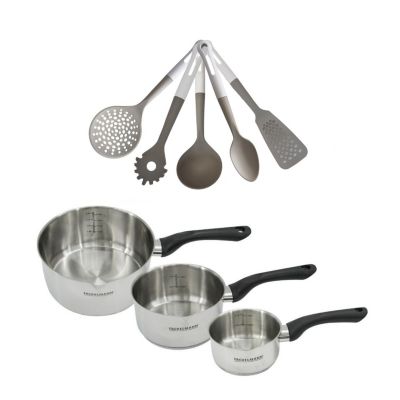 Batterie de cuisine avec 3 casseroles 12/16/20 cm en inox et 5 ustensiles de cuisine sans PFAS Fackelmann Généva Vario