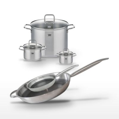 Batterie de cuisine avec 3 faitouts 12/16/26 cm et 2 poêles 24/32 cm en inox sans PFAS Elo Collection Relief Solution Citrin