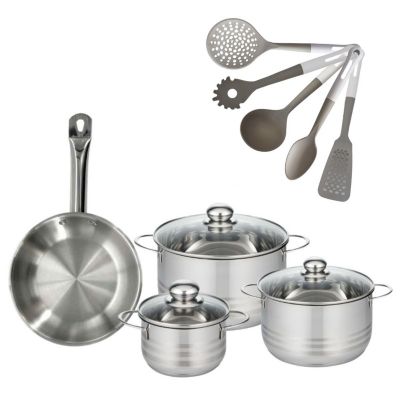 Batterie de cuisine avec 3 faitouts 16/20/24 cm et 1 poêle 24 cm avec 5 ustensiles de cuisine Fackelmann Etherna Brillant Vario