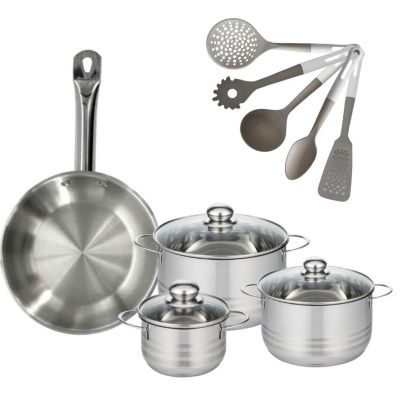 Batterie de cuisine avec 3 faitouts 16/20/24 cm et 1 poêle 28 cm avec 5 ustensiles de cuisine Fackelmann Etherna Brillant Vario