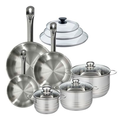 Batterie de cuisine avec 3 poêles 20/24/28 cm et 3 faitouts 16/20/24 cm sans PFAS Fackelmann Eterna Brillant avec couvercles