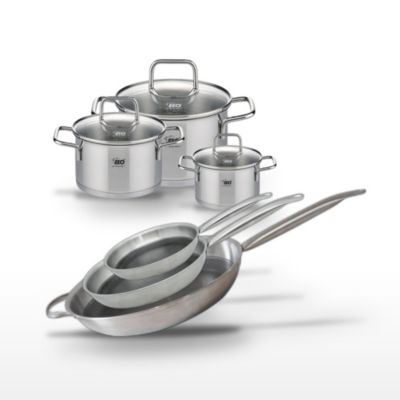 Batterie de cuisine avec 3 poêles 24/28/32 cm et 3 faitouts 12/16/20 cm en inox sans PFAS Elo Collection Relief Solution Citrin