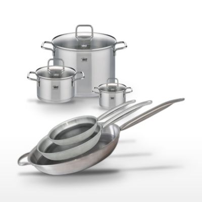 Batterie de cuisine avec 3 poêles 24/28/32 cm et 3 faitouts 14/20/26 cm en inox sans PFAS Elo Collection Relief Solution Citrin