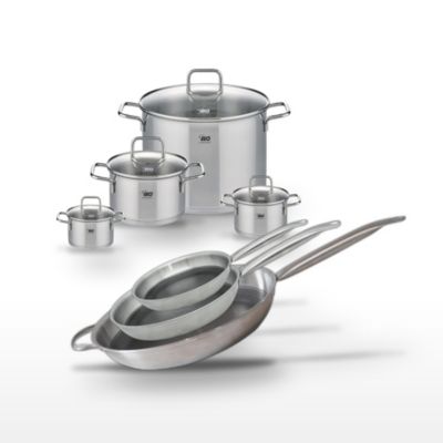 Batterie de cuisine avec 3 poêles 24/28/32 cm et 4 faitouts 12/14/20/26 cm en inox sans PFAS Elo Collection Relief Solution Citrin