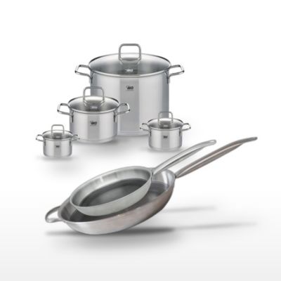Batterie de cuisine poêles 28 cm/32 cm et faitouts 12/14 cm et 20/26 cm en inox Elo Collection Relief Solution Citrin