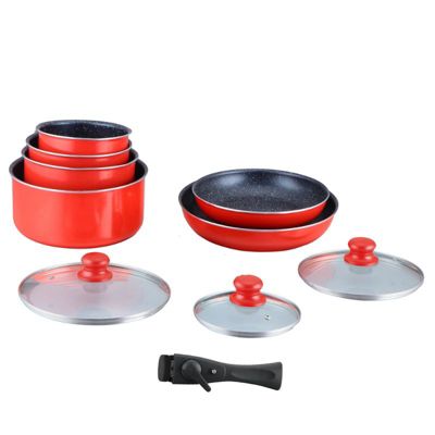 Batterie de cuisine revêtement pierre avec manche amovible 10 pieces rouge Hagen HA04623-RED