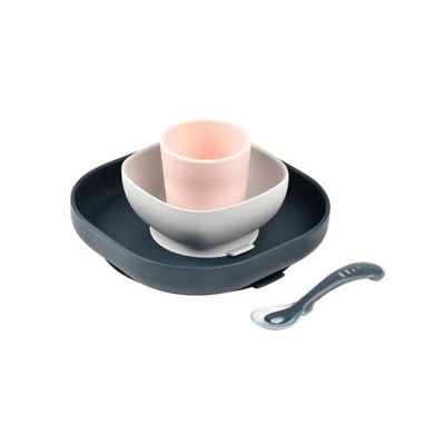 BEABA, Coffret repas Silicone Bebe, Avec Ventouse, Anti-derapant, 4 Pieces, Assiette + Bol+ Verre + Cuillere, Night Blue