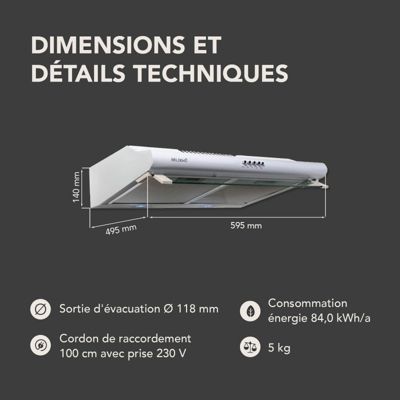 BELDEKO Hotte Casquette 60 cm Blanc 240 m3/h 100W - Marque Française