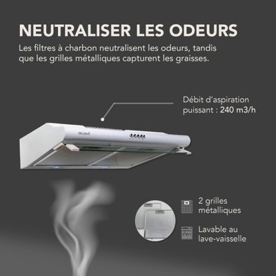 BELDEKO Hotte Casquette 60 cm Blanc 240 m3/h + 2 Filtres - Marque Française