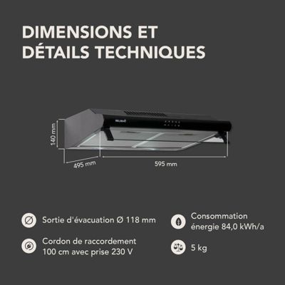 BELDEKO Hotte Casquette 60 cm Noir 240 m3/h 100W - Marque Française