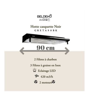 BELDEKO - Hotte Casquette / Visière 90 cm coloris noir  420 m3/h