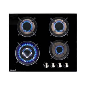 BELDEKO - Plaque de cuisson gaz - 4 Foyers - Double couronne - 7800W - encastrable - verre noir