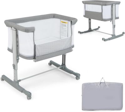 Berceau Bébé 3 en 1 Lit Cododo Portable avec Matelas Amovible Hauteur Réglable Poches de Rangement et Roues Verrouillables Gris