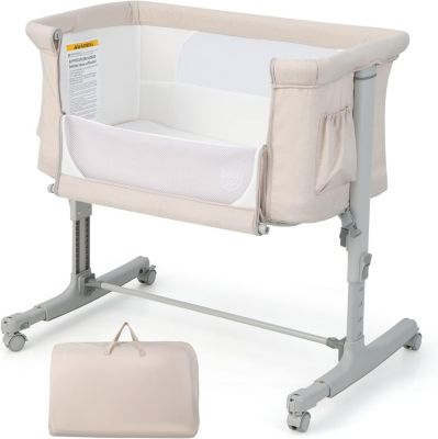 Berceau pour Bébé 3 en 1 Lit pour Cododo Portable avec Mode Berceau Matelas Amovible Hauteur Réglable Poches de Rangement Beige