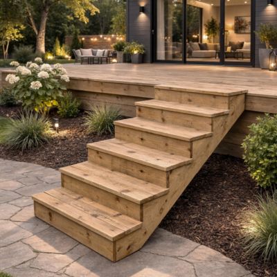 BERLIN Escalier extérieur bois 2 marches H 37cm L-160cm - avec contre marche