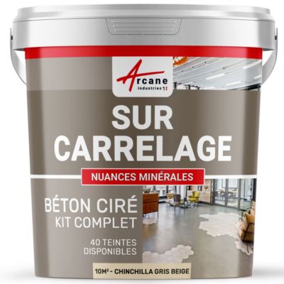 BETON CIRE CARRELAGE POUR SOLS ET MURS - KIT BETON CIRE SUR CARRELAGE Chinchilla Gris Beige - 10 m²  - ARCANE INDUSTRIES