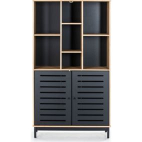 Bibliothèque 2 portes 7 niches noir / effet bois 90 cm - Rosa