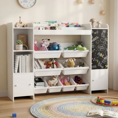 Bibliothèque avec 8 tiroirs et 2 portes, tableau graffiti, grand espace de rangement, meuble de rangement, meuble snack, Blanc