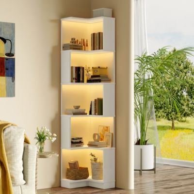 Bibliothèque d'Angle avec 5 Niveaux et Éclairage LED Multicolore, Étagère Moderne Contrôlable par APP, MDF Blanc 63,5x45x175 cm