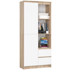 Bibliothèque de bureau AKORD R11 Chêne Sonoma 80 cm 2 portes 2 tiroirs façade Blanche 7 étagères 80x35x180 cm