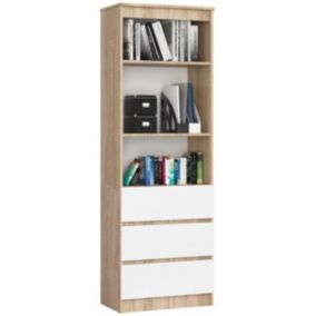Bibliothèque de bureau AKORD R60 Chêne Sonoma 60 cm 3 tiroirs façade Blanche 3 étagères 60x35x180 cm