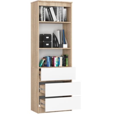 Bibliothèque de bureau AKORD R60 Chêne Sonoma 60 cm 3 tiroirs façade Blanche 3 étagères 60x35x180 cm