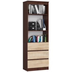 Bibliothèque de bureau AKORD R60 Wengé 60 cm 3 tiroirs façade Chêne Sonoma 3 étagères 60x35x180 cm