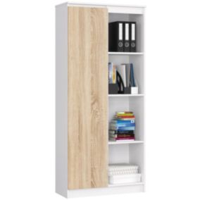 Bibliothèque de bureau AKORD R80 Blanche 80 cm 1 porte façade Chêne Sonoma 8 étagères 80x35x180 cm