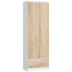 Bibliothèque de bureau Armoire AKORD R60 Blanche 60 cm 2 portes 1 tiroir façade Chêne Sonoma 4 étagères 60x35x180 cm