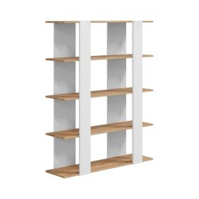 Bibliothèque Dnotar, Etagère de bureau avec 5 étagères, Bibliothèque, Bibliothèque, 108x31h136 cm, Chêne noué et blanc brillant