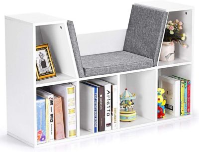 Bibliothèque Enfant avec Coussin, Etagères de Rangement Livres, 6 Compartiments de Stockage, 102,5 x 30 x 63,5 CM, Blanc