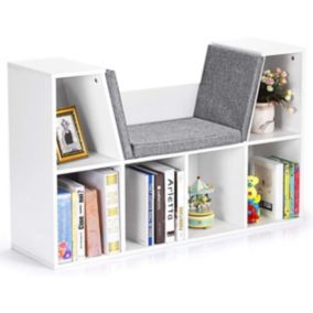 Bibliothèque Enfant avec Coussin, Etagères de Rangement Livres, 6 Compartiments de Stockage, 102,5 x 30 x 63,5 CM, Blanc